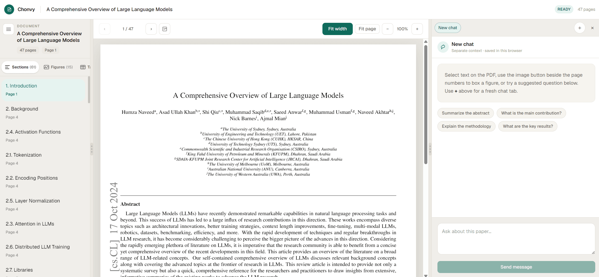 Chonvy workspace: PDF viewer beside citation-grounded chat